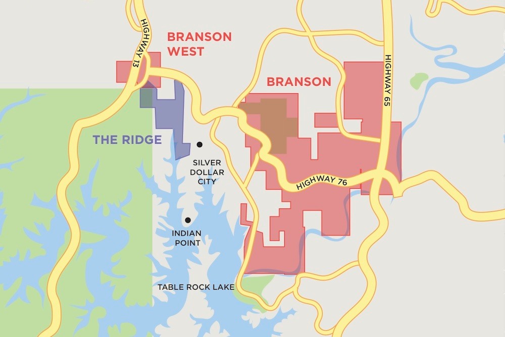 The Ridge at Table Rock Lake, in purple, is in Branson West with an entrance at Highway 76. The planned development is on land previously home to the failed Indian Ridge project.